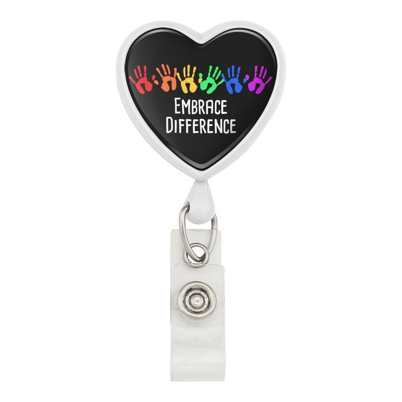 GRAPHICS & MORE Embrace Difference Autism Hand Prints Heart Lanyard Retractable Reel Badge ID Card Holder - White - Image 1